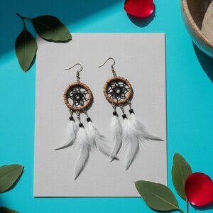 Tan Feathers Glass Bead Bohemian Hoop Earrings